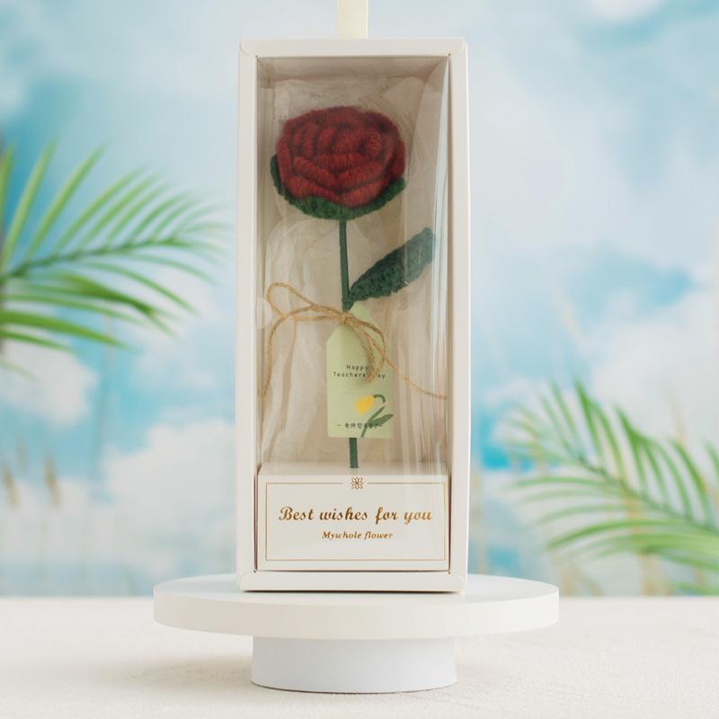 1Pc finished wool hand-crocheted rose artificial flower gift bouquet with box, for home decoration holiday party gifts, Halloween and Christmas gifts