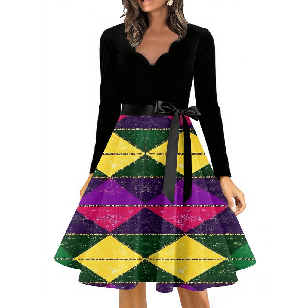 Women's Casual Fashion V Neck Long Sleeve Printed Vintage Long Dress