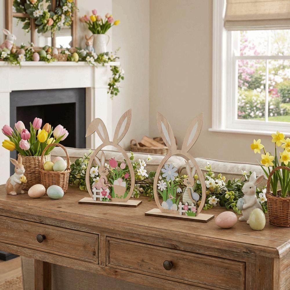 2Pcs Flower Easter Bunny Ornament Farmhouse Rustic Easter Table Decor  Home Party
