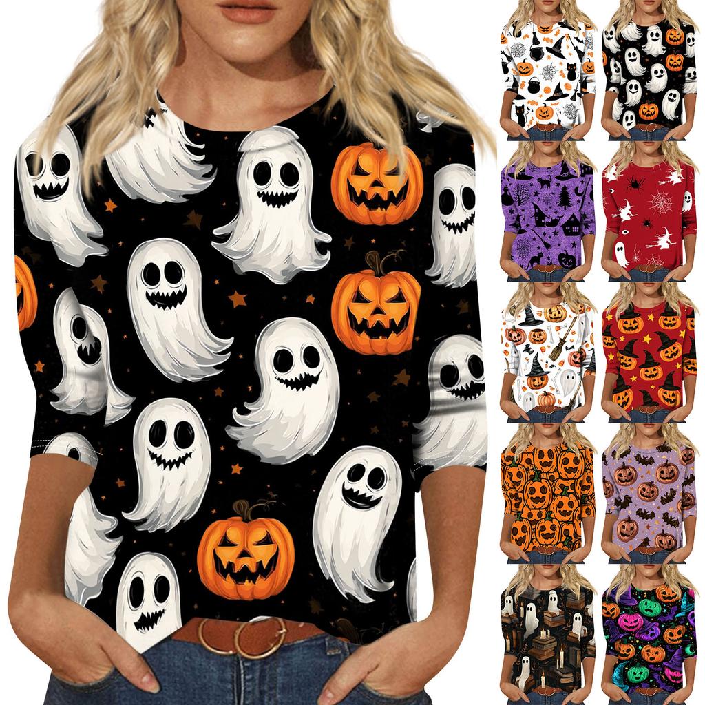 Women's Casual 3/4 Sleeve Halloween Print Pullover Top Round Neck Lightweight Loose Fit Shirt for Fall and Everyday Wear