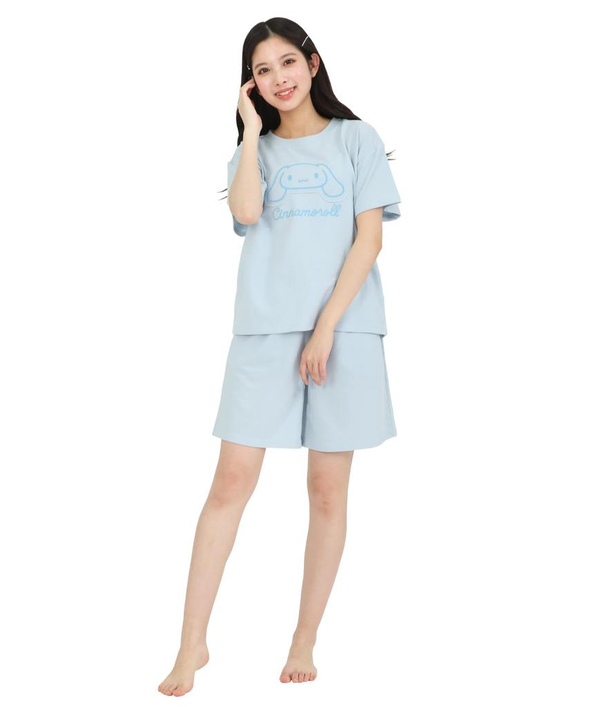 Cinnamoroll Roomwear Mini Fleece Short Sleeve Shorts Top and Bottom Set Pajamas Sanrio [SAZAC] U-Neck Women's (Sax/M/SAN1918)