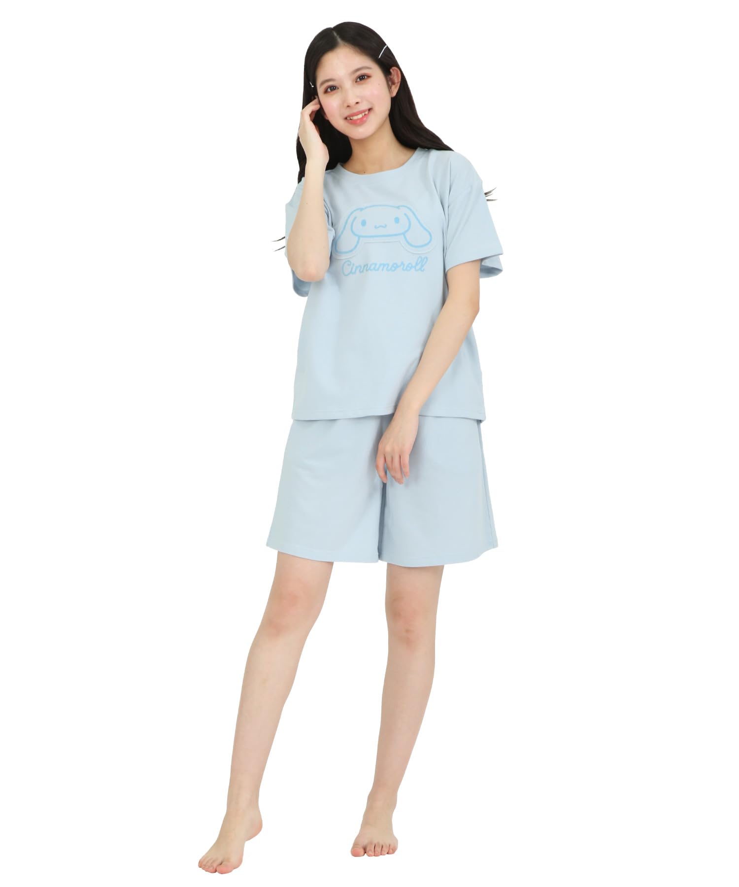

Комплект домашней одежды Cinnamoroll из мини-флиса с коротким рукавом, шортами, топом и низом, пижама Sanrio [SAZAC], женский с U-образным вырезом (Сакс/М/САН1918)