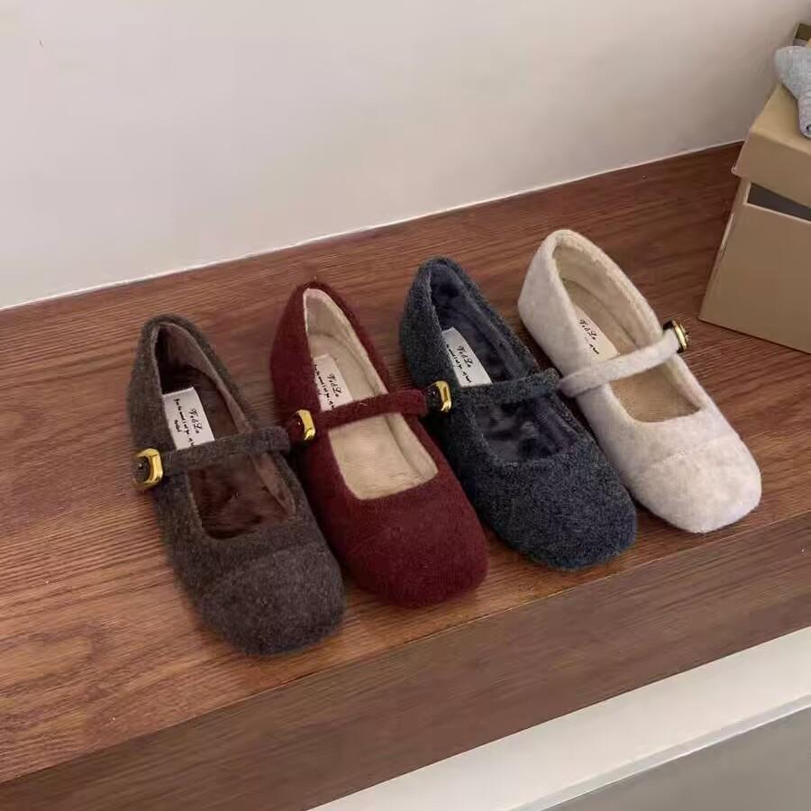 Autumn and Winter Flat Bottom Shallow Buckle Doudou Single Shoes Casual Versatile Velvet Warm Women's Cotton Shoes