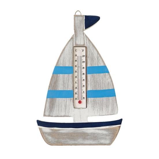 Vintage Holz-Küsten-Wandthermometer Nautische Fisch-/Leuchtturm-/Segelboot-/Hüttenform-Temperaturanzeige für Wohnzimmer, Schlafzimmer, Hotel, Flur, Wand