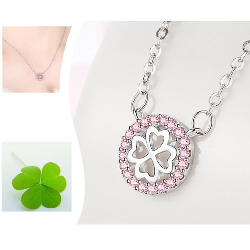 Ladies Fashion Jewelry High Quality White Pink Crystal Zircon Flower Leaf Pendant Four-leaf Clover Necklace Jewelry