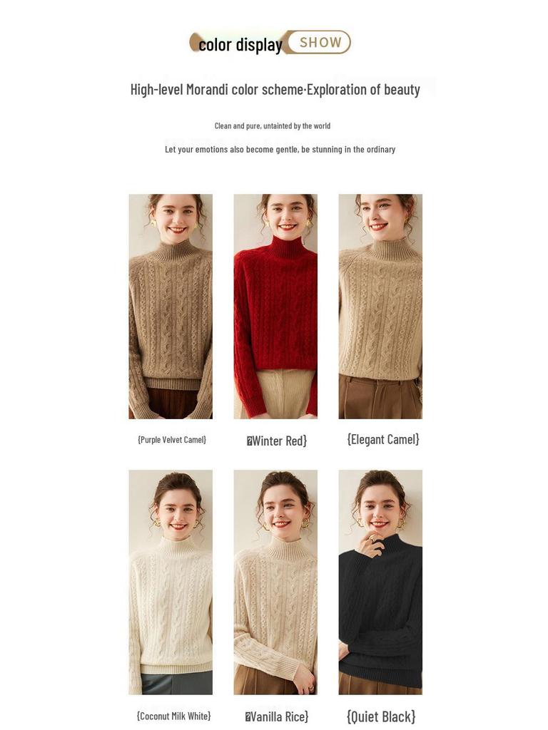 Damski modny kaszmirowy sweter z półwysokim dekoltem, warkoczowy, raglanowy