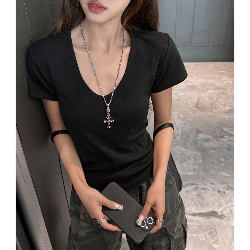 

Summer new V-neck basic solid color short-sleeved T-shirt women s slim and thin high-end niche temperament bottoming shirt s (suitable for weight 35-47.5kg ) чёрный