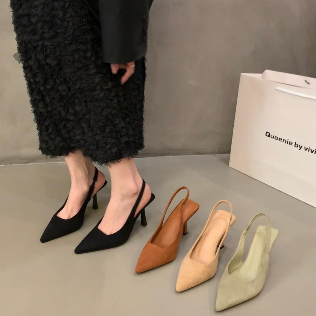 Niche French high-heeled black bag head sandals fairy shoes 2025 new spring and summer pointed temperament single shoes