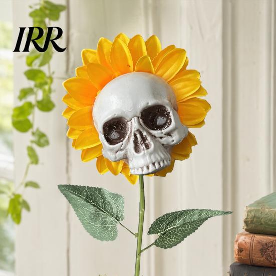 Fun Halloween Garden Accessory Sunflower Skull Ornament, Theme Decor, Potted Outdoor Spooky Planter Plant Waterproof Decoration, for Lawn
