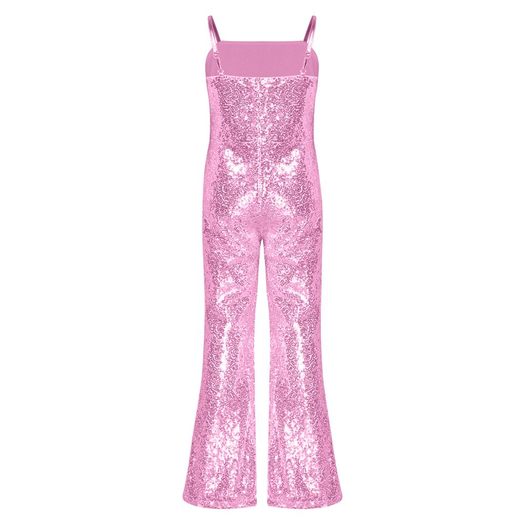 Girls Shiny Sequins Jumpsuit Spaghetti Straps Bell Bottom Zipper Design Character Cosplay Costume Movie Role Play Outfit