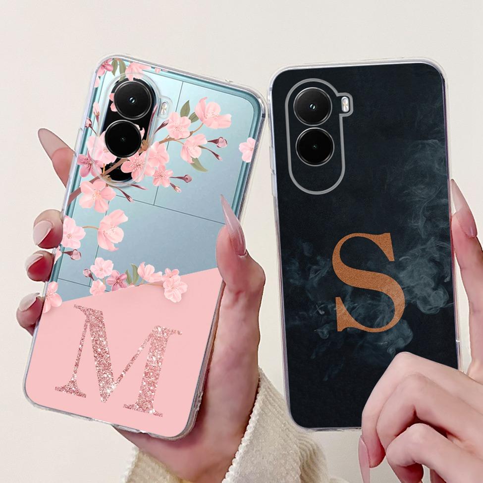 For Xiaomi Poco M7 4G Case Cover Transparent Aesthetic A-Z Letters Fashion Flowers Crown Soft Bumper Casing