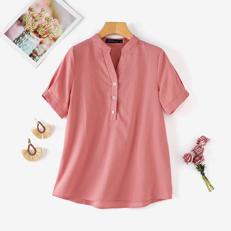 ZANZEA Women Summer Casual V-neck Short Sleeve Cotton Blouse M