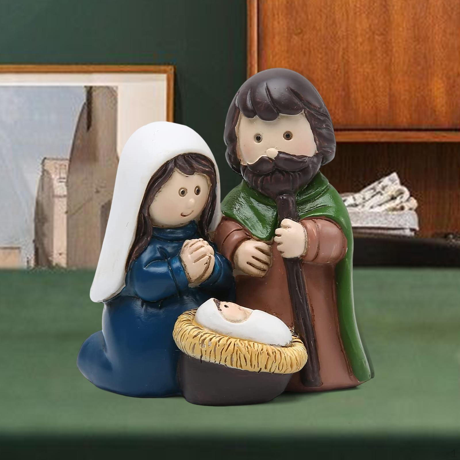 Holy Family Figurine Indoor Decoration Christmas Nativity Set Crib Resin Joseph Jesus Mary Blue Green