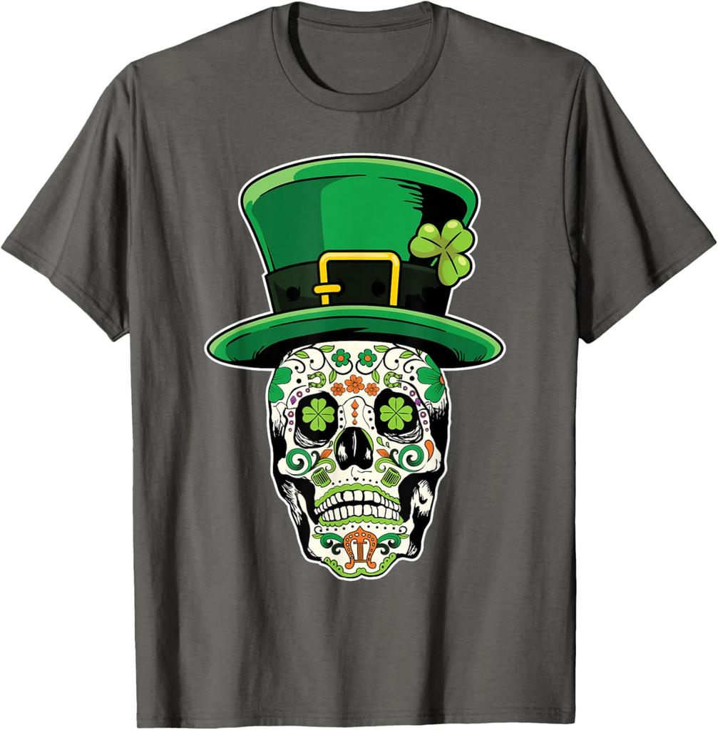 Sugar Skull Leprechaun Hat St Patricks Day Graphic Tee Soft Cotton Casual Top for Men
