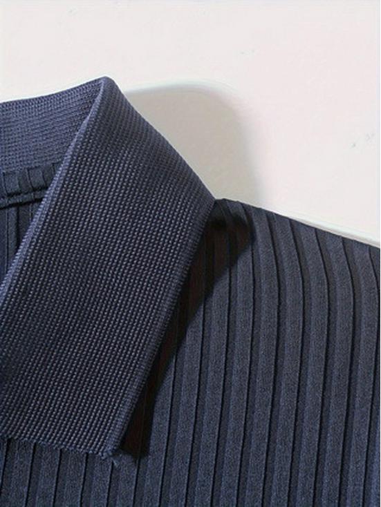 Europäisches Herren-Herbst-Sport-Fitness-Poloshirt mit V-Ausschnitt, Stehkragen und vertikalen Streifen