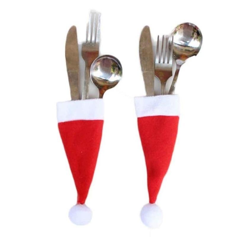New 10PCS/Set Christmas Hat Silverware Holder Xmas Mini Red Santa Claus Cutlery Bag Party Decor Tablewear Holder Set