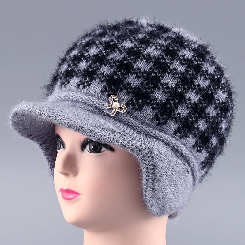 

Winter new hat wool hat female old lady windproof plush warm duck tongue ear protector knitted hat [Good Quality] Fleece