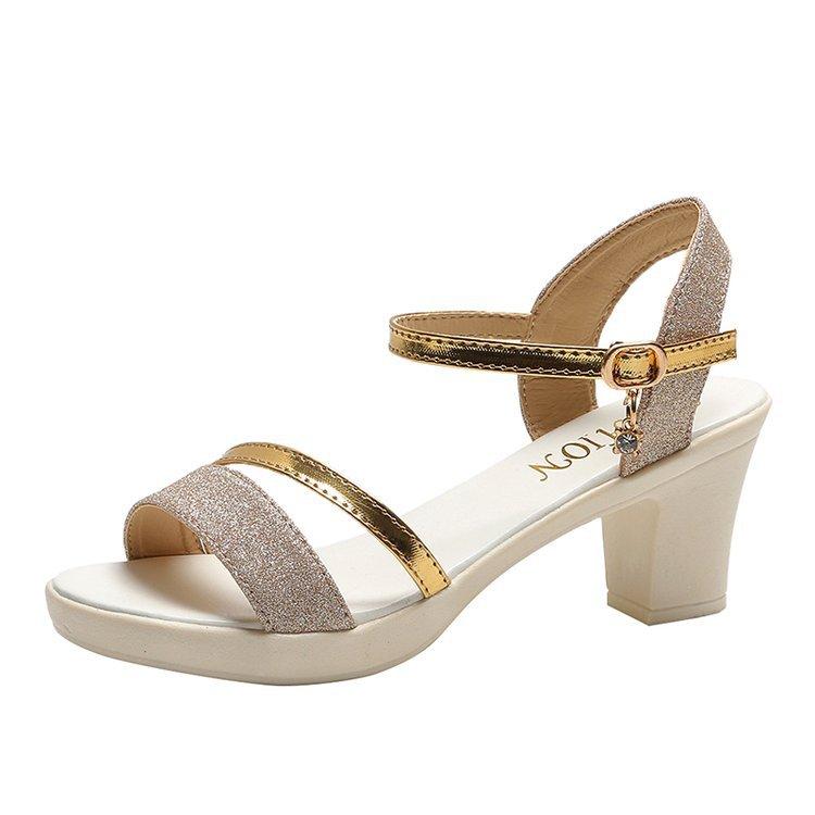 

2025 лето новые босоножки на толстом каблуке в стиле феи высокие каблуки односложные пряжки босоножки на высоком каблуке женские 40 золотой