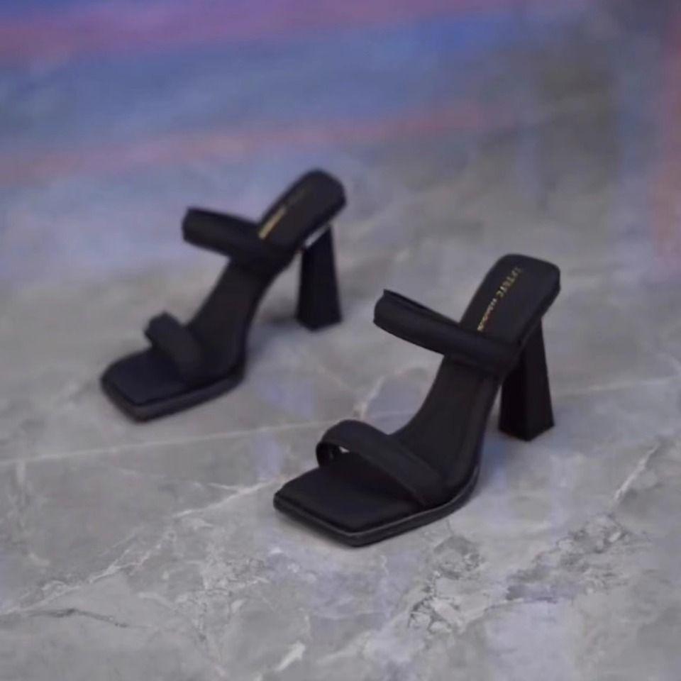 Summer High-Heeled Shoes Lady Square Heel  Slides Block Thick Heels Outdoor Cool Slippers