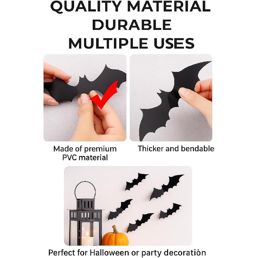 120 Pcs Halloween Bats Wall Decor - Realistic 3D Bats Halloween Wall Decorations - 4 Different Sizes Durable Bat Stickers for Room, Lawn, Window