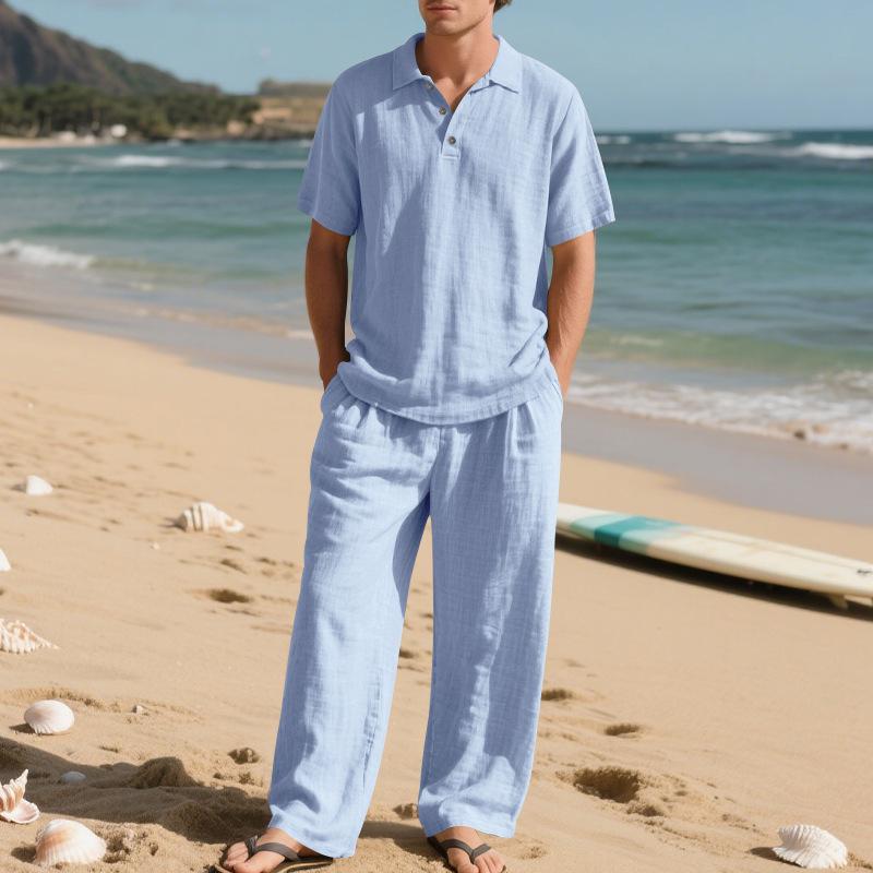 European Men's Casual Linen Short-Sleeve Shirt & Long Pants Set - Breathable Cotton Blend Two-Piece