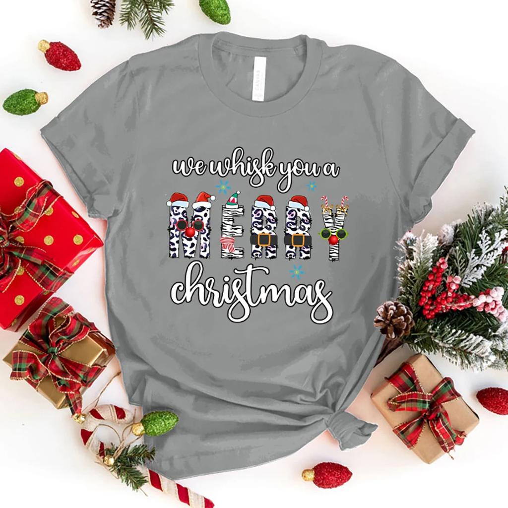 Funny We Whisk You A Merry Christmas Print T-Shirt Women Men Casual Short Sleeve Shirt Fashion Loose Tops