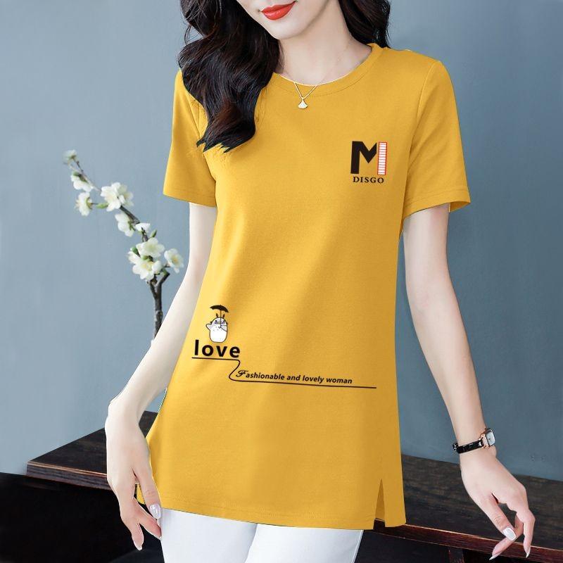 100% Cotton T-Shirt Casual Fashion New Loose Round Neck Ins Style Split Top