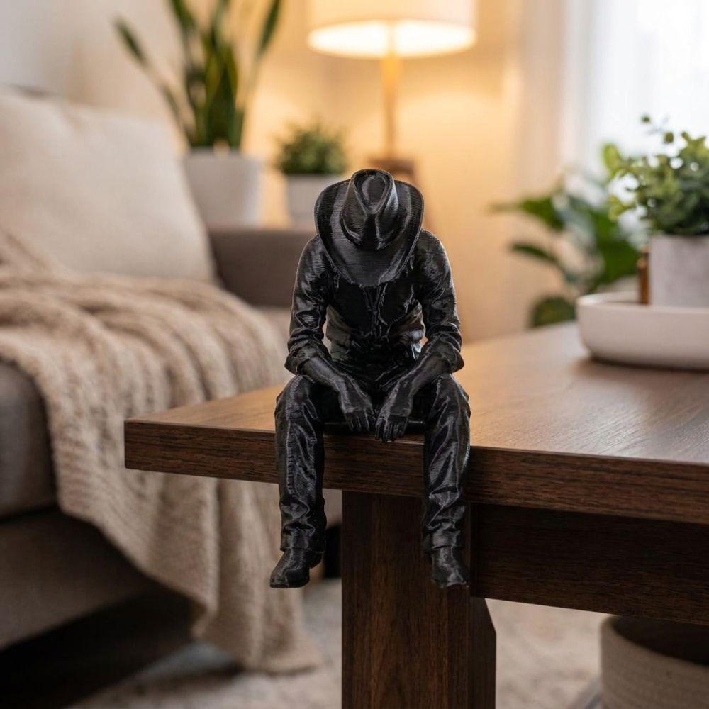 Pensive Hanging Head Cowboy Statue 3D Printed Melancholy Cowboy Figurine Men Bedroom