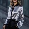 Women Shirt Lapel Long Sleeve Satin Texture Breathable Shirt Patchwork Color Loose Fit Office Casual Tops