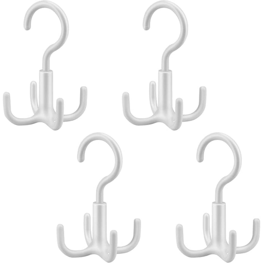 4 Pack 360 Rotatable Belt Hanger, Closet Rod Hooks with 4 Hooks for Belt, Tie, Hat, Scarf, Bag, Bra, Tank Top - White