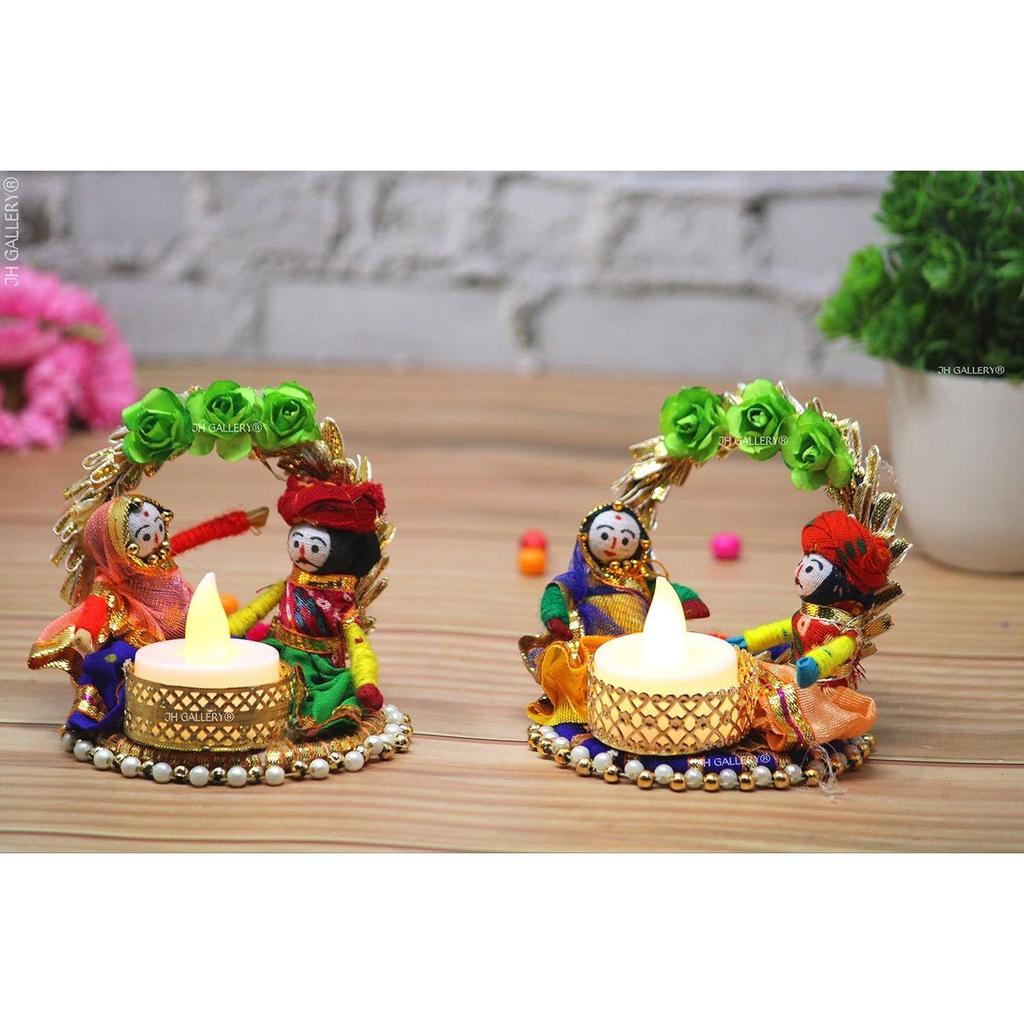 Recycled Material Rajasthani Raja Rani Puppet/Dolls Decorative Tealight Candle Holder (Pack of 2)