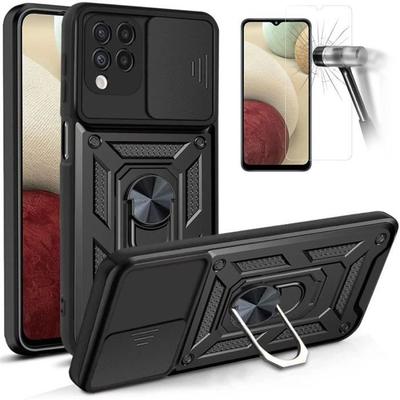 Case and Tempered Glass - Booling - for Samsung A12 - Black - Army - Shockproof