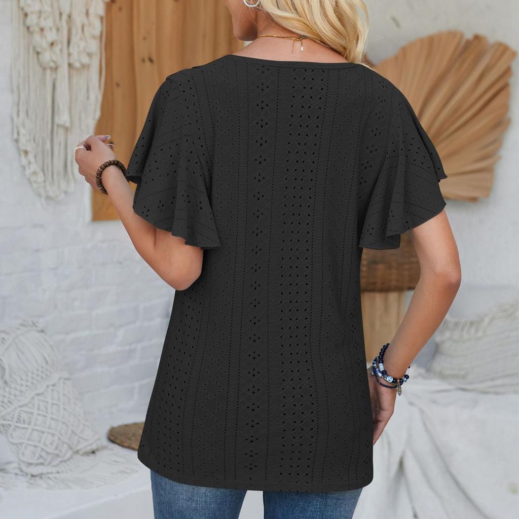 Fashionable And Trendy Women's New Lace V-neck Leaf Sleeve Solid Color Loose T-shirt