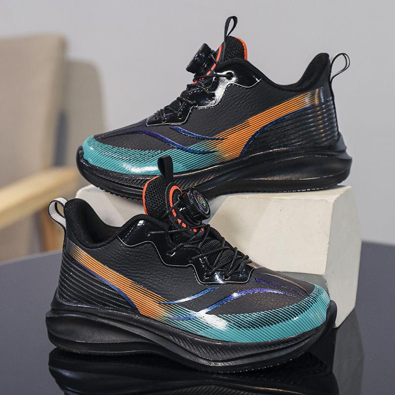 Red Rabbit Rotating Button Classmate Leather Surface Waterproof Middle and Older Children Student Running Shoes Shock Absorption Lightweight Sneakers 