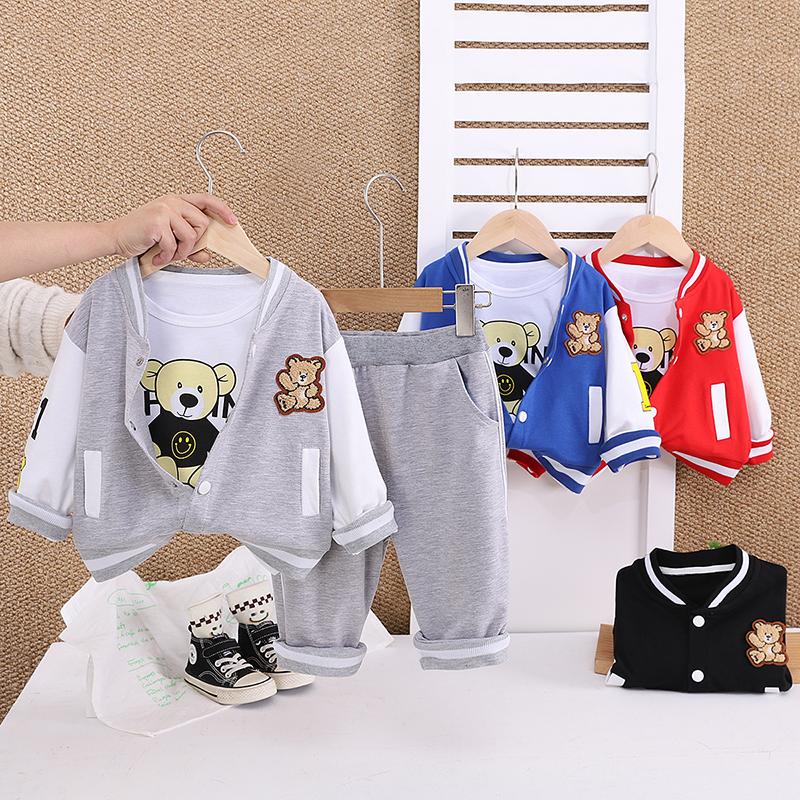 Boys' Long Sleeved 3-piece Set, Children's Teddy Bear Printed Jacket, Cute Clothes for Boys In Autumn and Winter