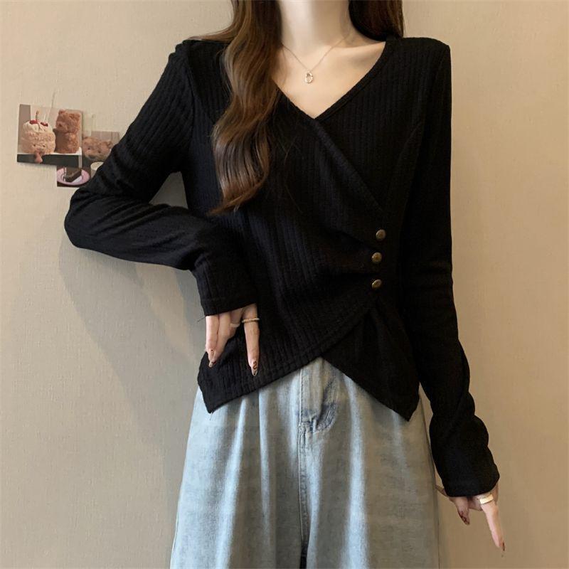 Women's Plus Size Ribbed Irregular Long Sleeve Top - Korean Style, Loose Fit, Slimming Base Layer for Autumn/Winter.