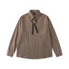 American Retro Brown Striped Long Sleeve Shirt Men Women Loose Casual Blouse With Beaded Collar Leather Patch