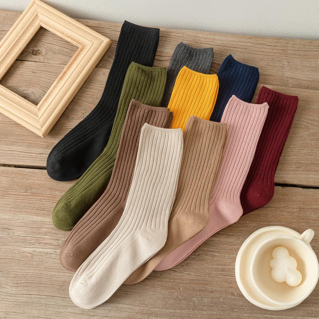 10Pairs Retro Frauen Baumwolle Lose Socken Herbst Winter Stricken Einfarbig Lange Schwarz Rosa Koreanische Japanische Student Mädchen