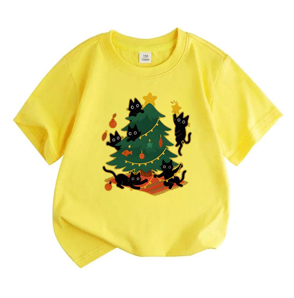 Kids Boys Girls 100% Cotton Crew Neck Short Sleeve T-Shirt, Funny Black Cats Decorating Christmas Tree Pattern Casual Xmas Tee for Children