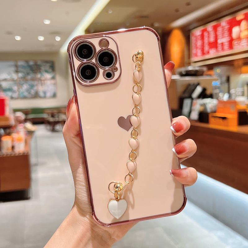 Soft Electroplated Love Heart Silicone Case For iPhone 11 12 13 Pro Max XS X XR 7 8 Plus SE  Mini Bracelet Bumper Cover