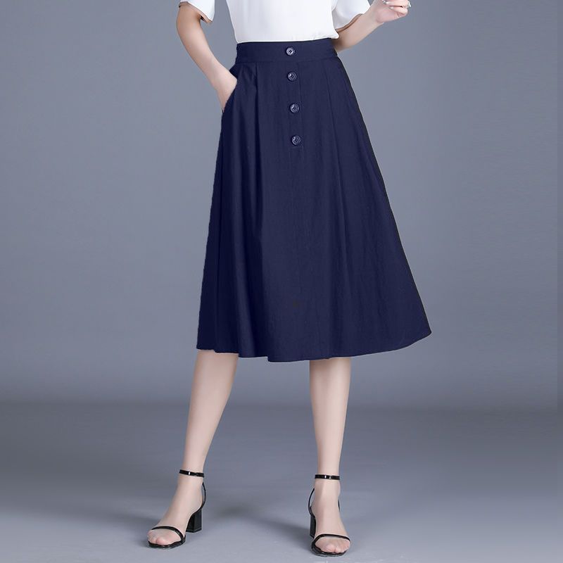 Nylon Cotton Bamboo Linen Skirt Women's Stylish Button Umbrella Skirt Young Casual Mid-length A-line Skirt Elastic Waist Skirt