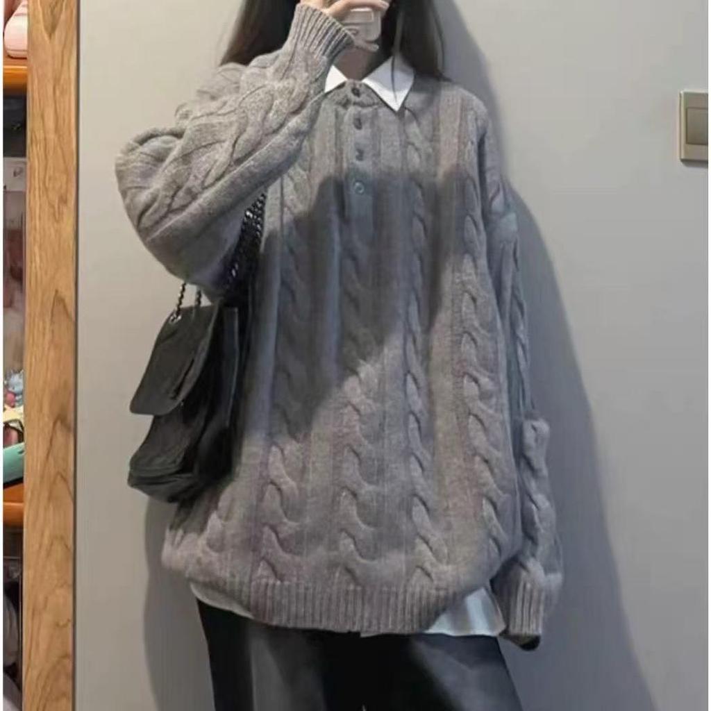 Women's Grey Twisted Knit Pullover Sweater - Loose College Style Base Layer for Autumn/Winter