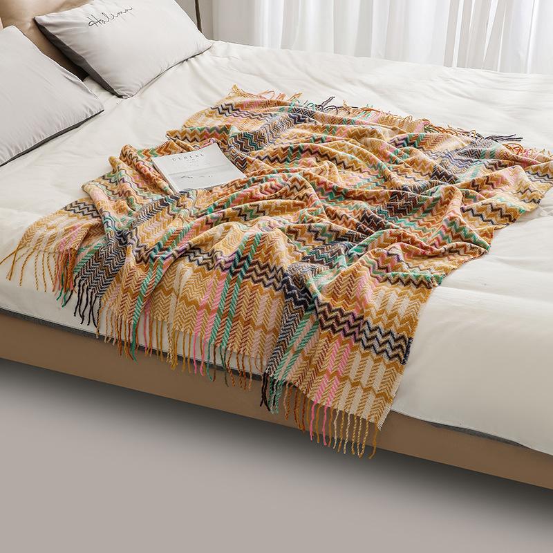 Bohemian Style Plaid Sofa Throw Insulated Weather Snuggly Knit Comfortable Snuggly Blankets For Bed Couch Cover Bedspread Cover Home Office Nap