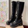 Fashion Platform Block Heel Single Shoes Women's Autumn New Round Toe Lace-Up Front Side-pull Anti-slip Wear-resistant Tall Boots
