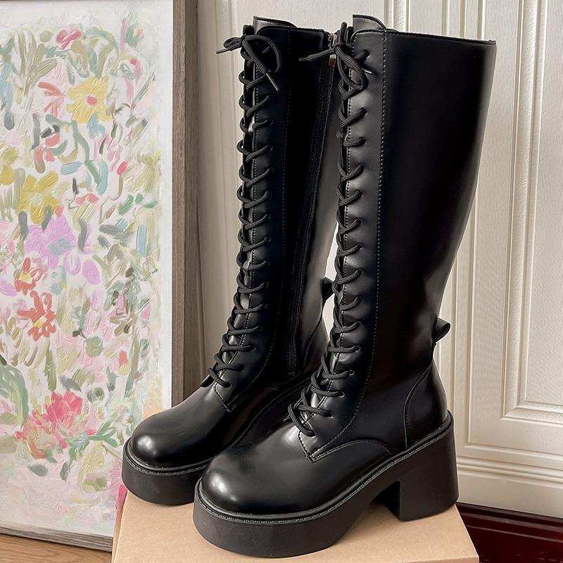 Platform Block Heel Single Shoes Women's Autumn New Round Toe Lace-Up Front Side-pull Anti-slip Wear-resistant Tall Boots