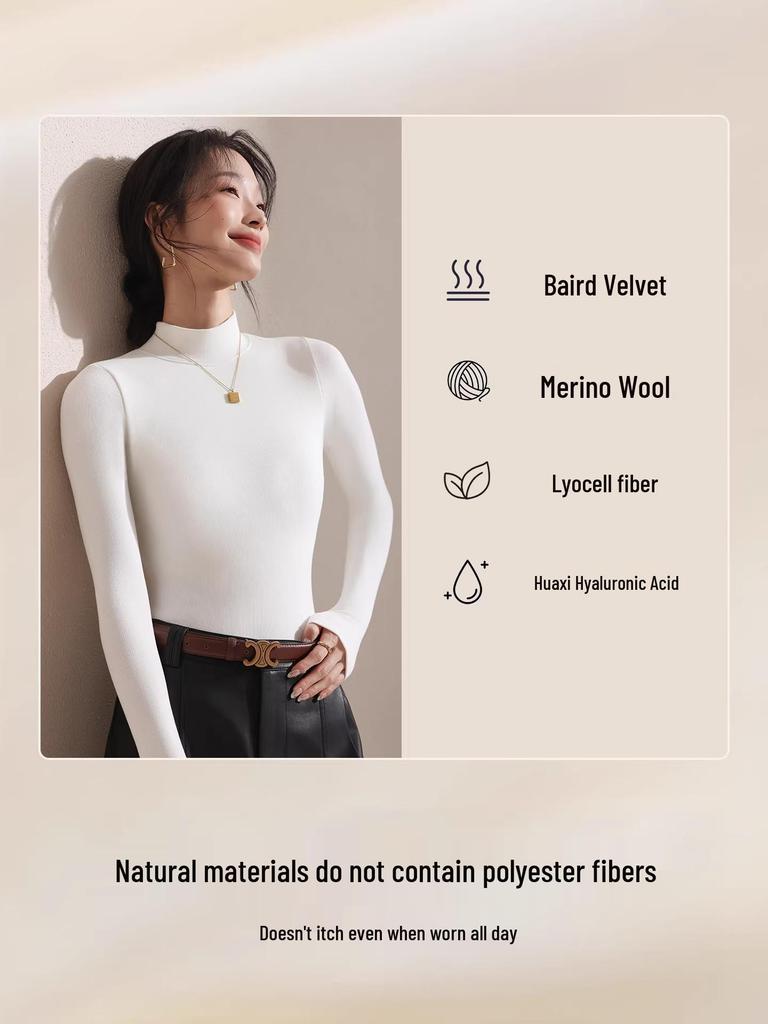 Women's Black Fleece-Lined Half-High Neck Base Layer Knit Top - Thickened Long Sleeve for Autumn/Winter 2026