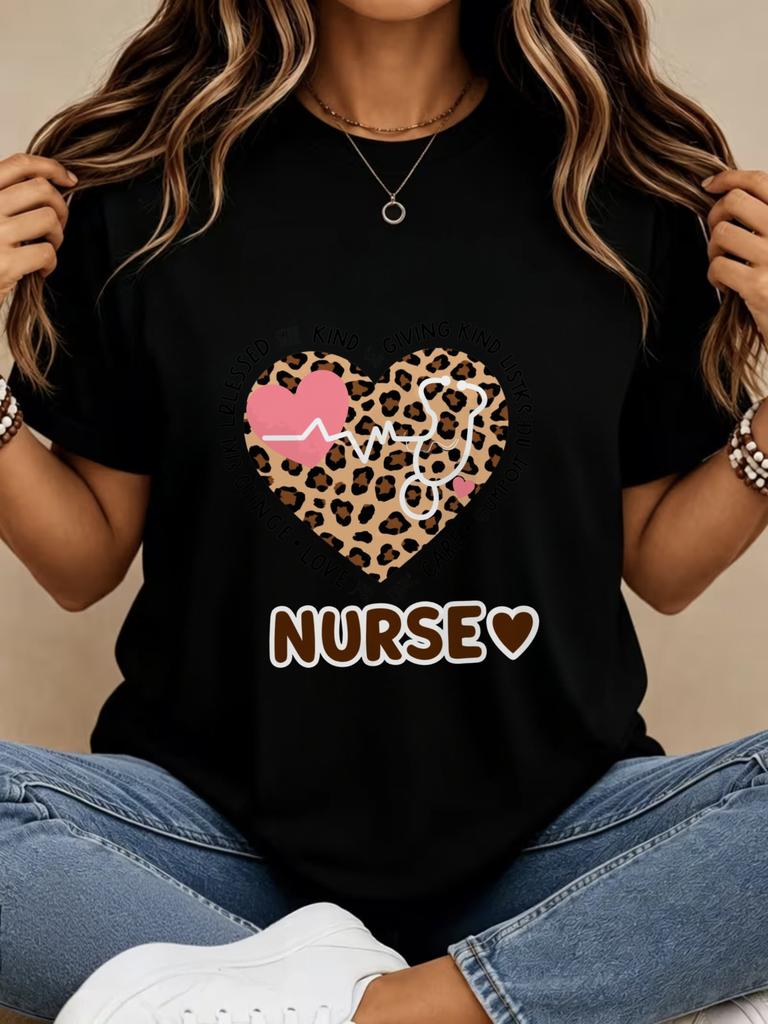 Nurse Leopard Heart Print Crew Neck Short Sleeve T Shirt Unisexs Fashion Graphic Tshirt Vintage Y2k Tops Clothes Female Outfit