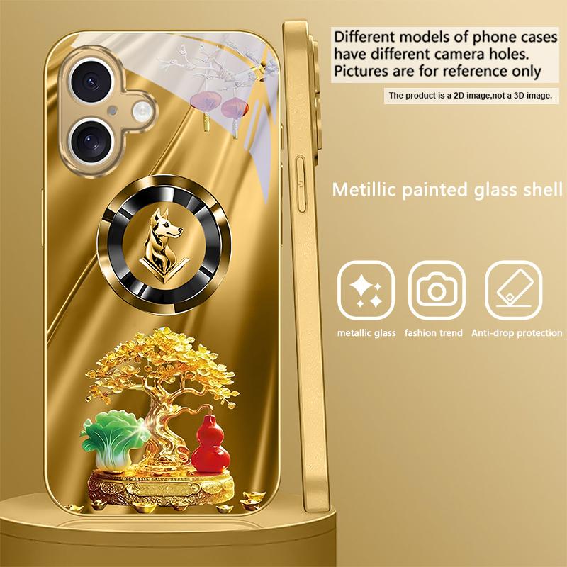 Horse Head Treasure Tree For iPhone 16E 15 Pro 14 13 Plus 12 mini 11 15Pro 14Max 13Plus XR Xs 16 Pro Max Golden glass phone case