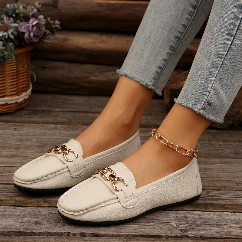 Fashion Women's Fashion Flat Shoes Autumn New Round Head Deep Mouth Metal Chain Soft Sole Anti-slip Wear-resistant Low-top Shoes