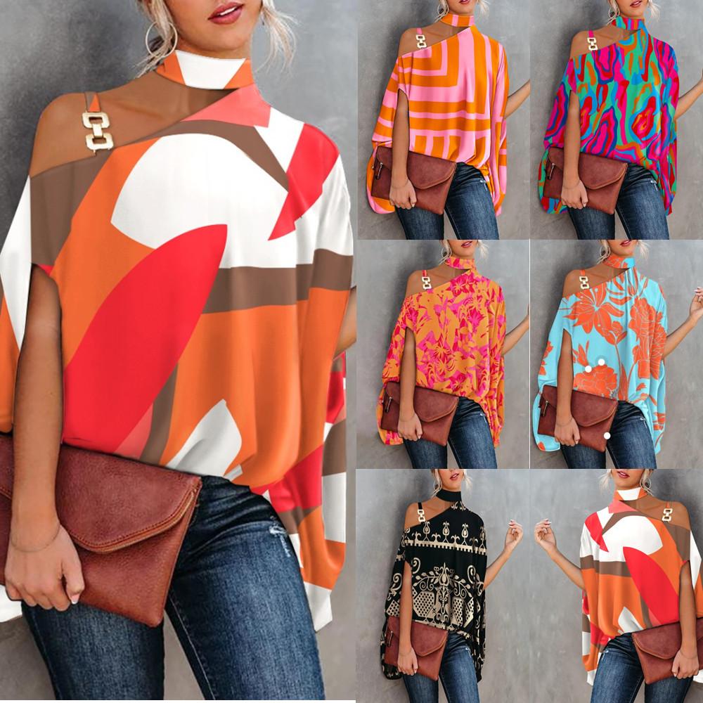 Blusa Casual da Donna con Scollo all'Americana, Spalle Scoperte, Maniche Corte a Pipistrello, Stampa Raso, Orlo Asimmetrico